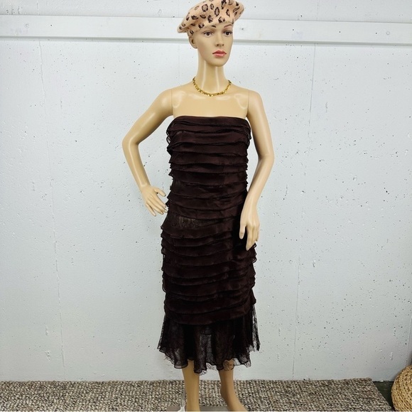 Carmen Marc Valvo Size 12 Brown Silk Lace Layered Strapless Dress NEW - Picture 2 of 16